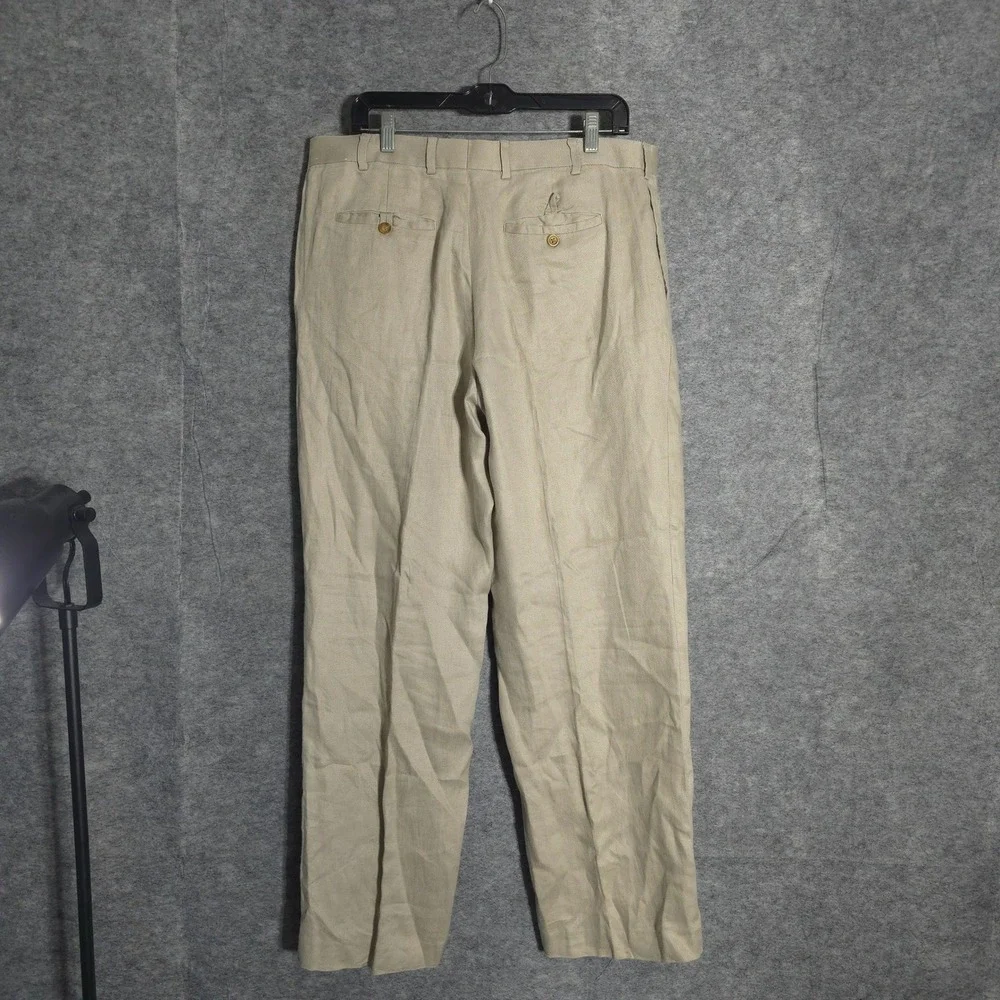 Perry Ellis Linen Pants Mens 36x32 Beige Khaki Straight Leg Flat Front Trousers